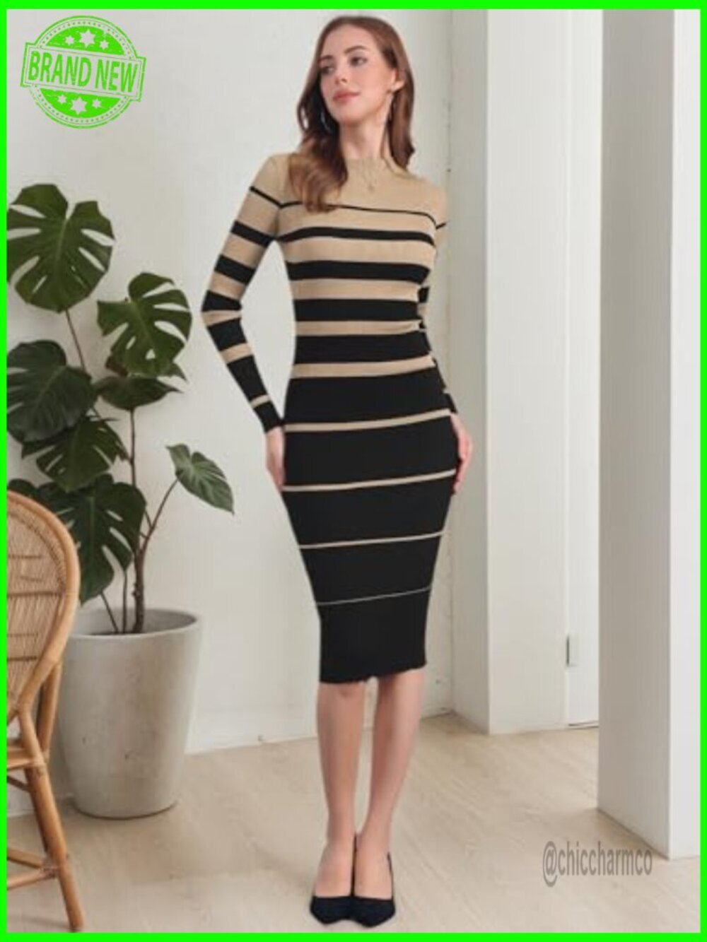 Striped Long Sleeve Crew Neck Ribbed Bodycon Midi Sweater Dress - Picture 3 of 6